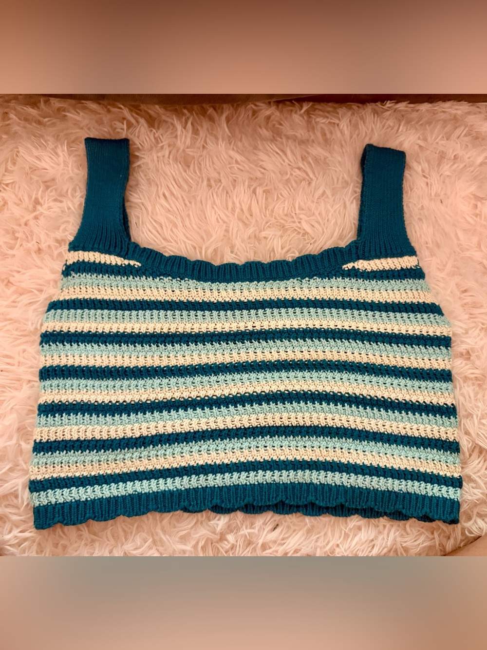 Striped Teal, Blue, and White Crocheted 100 % cotton crop Top